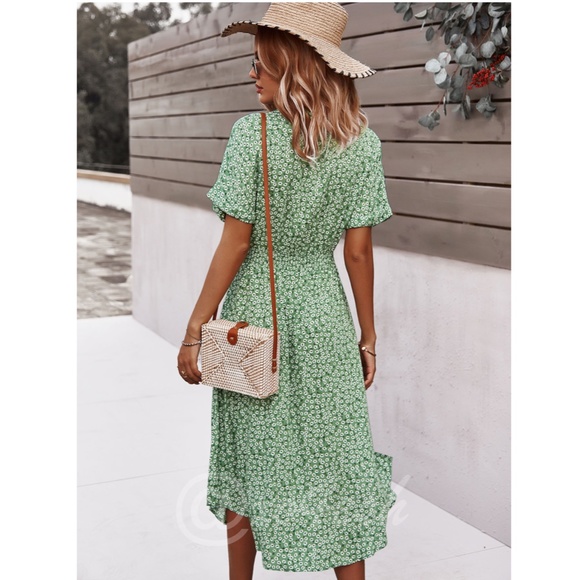 Green Floral Print Midi Dress Button Front V-Neck - Picture 2 of 16